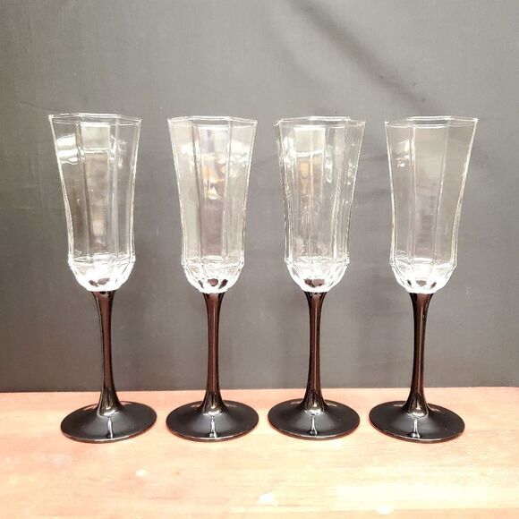 VTG France Luminarc Octime Black Stem Champagne Flutes Glasses Set of 4 - Picture 12 of 14